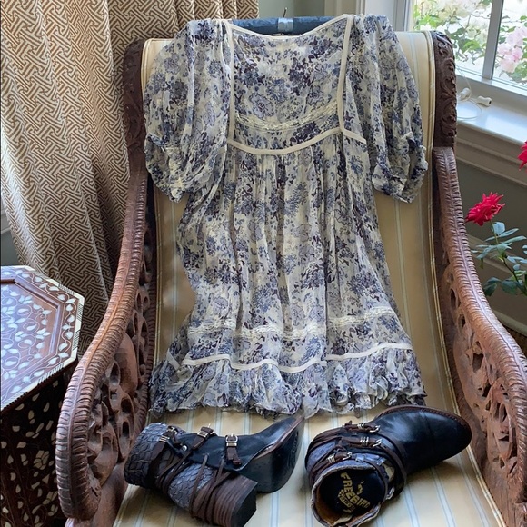 FREE PEOPLE MORE THAN A FEELING TUNIC/MINI DRESS BEAUTIFUL BLUES WITH CREAM S - Picture 8 of 12